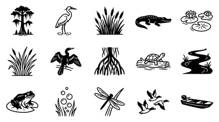 Fototapeta premium Black and white hand drawn swamp and bayou icon set featuring wetland wildlife and plants.