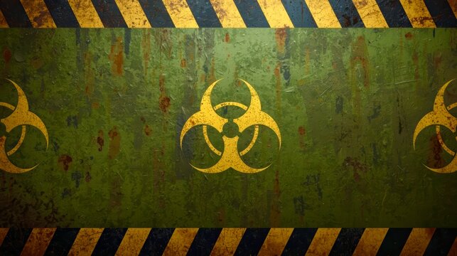 Rusty green wall with yellow biohazard symbols