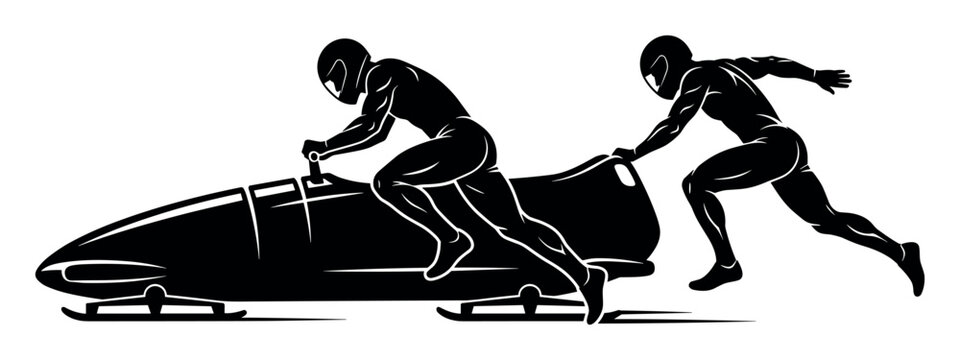 Winter and racing vector illustration with athletes, sled and helmets for marketing in bold silhouette style
