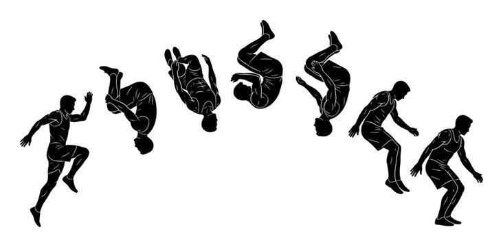 Acrobatics and movement vector illustration with athletes flips and poses for presentation in solid silhouette style