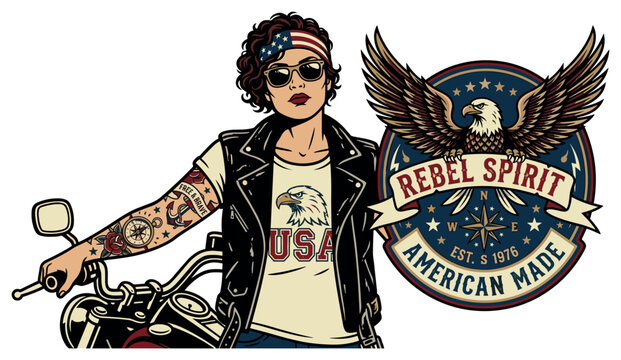Patriotic biker vector illustration with woman eagle compass jacket flag patches for apparel prints in vintage tattoo style