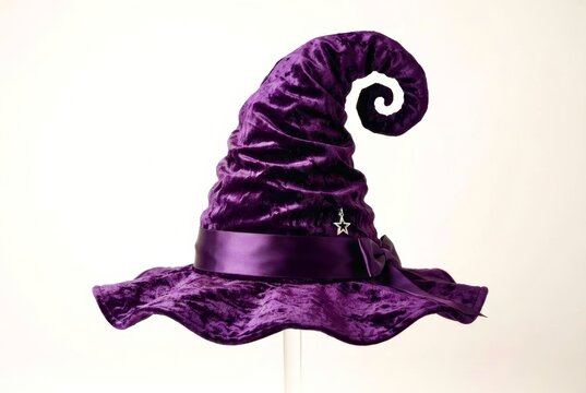 Purple velvet witch hat with curly brim and satin band