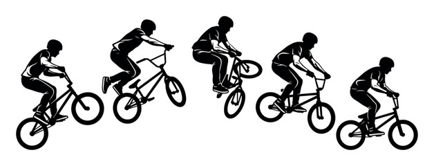 Fototapeta premium Cycling and BMX sport illustration with riders, bicycles and jumps for marketing in dynamic silhouette style