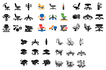 Fototapeta premium Office chairs and furniture concept icons with adjustable seat, wheel and lever for presentation design in minimal style