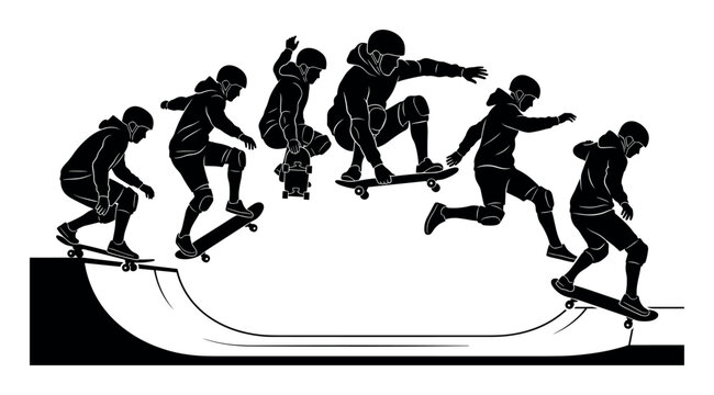 Skateboarding and youth vector illustration with skateboarders ramps and tricks for sports marketing in bold silhouette style