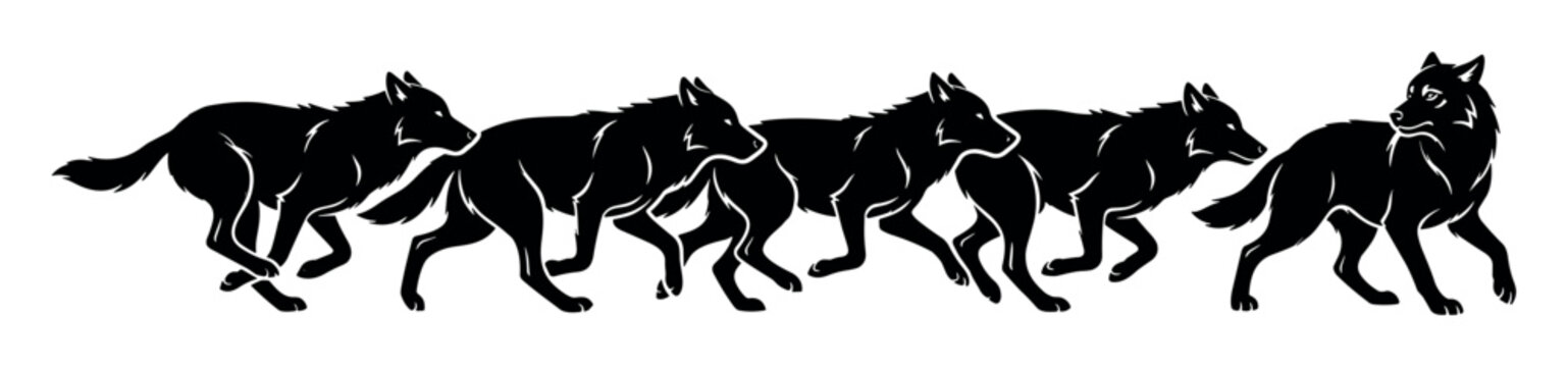 Wolves and wildlife motion vector illustration with running pack animals and movement for nature branding in bold silhouette style