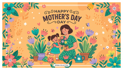 Fototapeta premium Spring Mothers Day floral greeting illustration with blossoms bouquet and leafy stems for invitations in cheerful hand drawn style