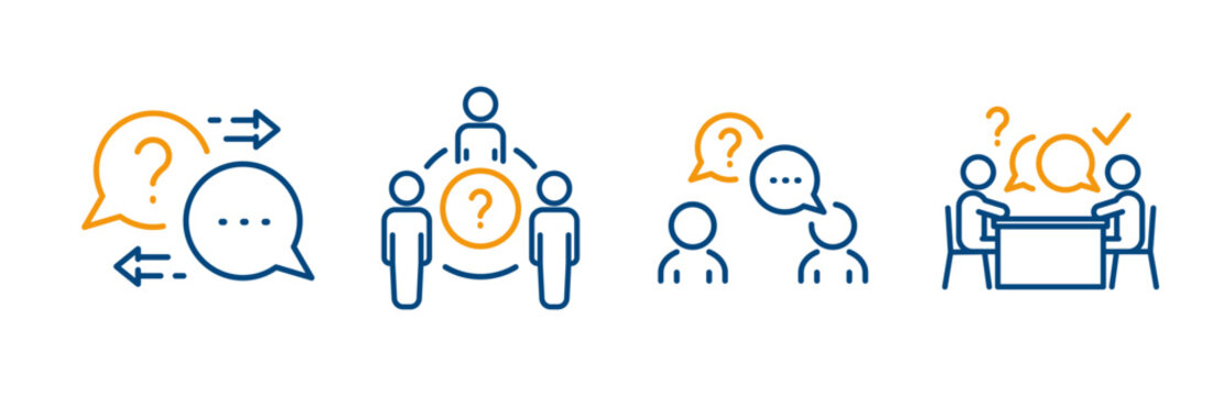 question and answer, faq meeting, question discussion, expert consultation, outline blue icons, thin line icon set, vector illustration