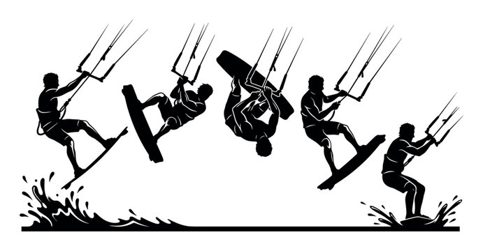 Kitesurfing and water sports vector illustration with riders boards and splashes for marketing in monochrome style