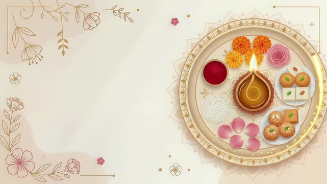 Indian Festival Bhai Dooj Thali Illustration with Sweets and Diya