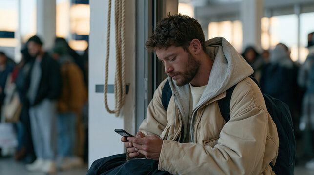 A crowd of resettled refugees arrives at an empty desolate transit reception hall, one man quietly recording a voice memo in his own language, a rope coiled neatly by the
