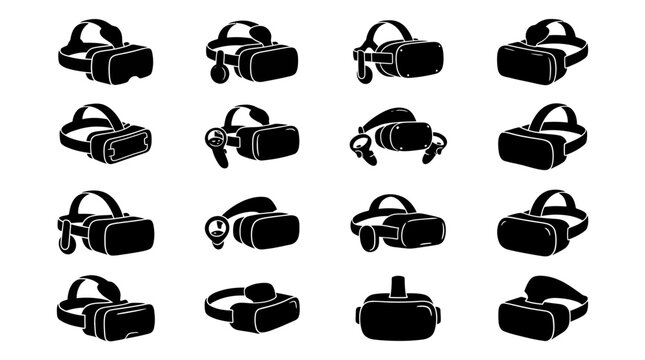 Virtual reality headset icons set black vector illustration of VR goggles and head mounted displays.