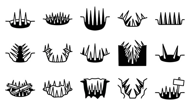 Set of black and white spike pit trap icons for video game hazard UI design.