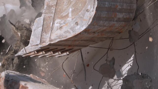A crane demolishing a multi-story building in sunny weather.