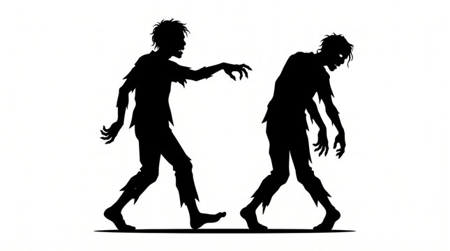 Silhouette of two walking zombies on white background