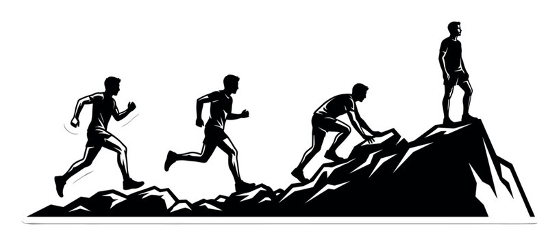 Outdoor adventure and fitness flat illustration with runners rocks and hikers for marketing in bold silhouette style