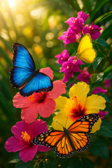 Naklejka premium Blue and orange butterflies among bright tropical garden flowers