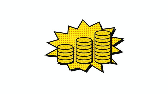 Stacks of gold coins pop art comic animation on white background loop