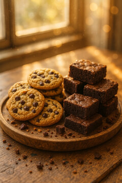 Chocolate chip cookies and stacked brownies on wooden board