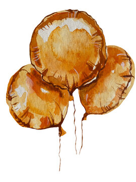 Hand-painted watercolor illustration of three golden balloons floating together as a festive birthday decoration, isolated on transparent background