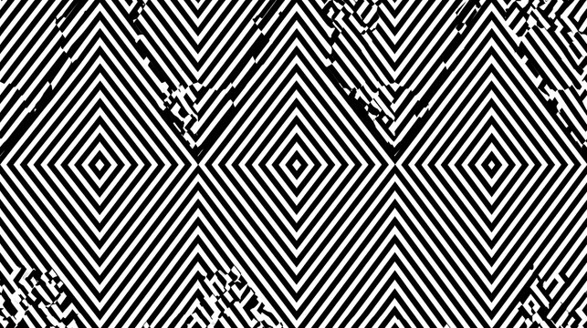 Black and white geometric pattern featuring interlocking squares creates a dynamic visual texture