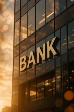 Raised bank letters catch sunset on reflective glass building