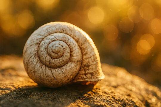 Spiral snail shell resting on a mossy sunlit surface