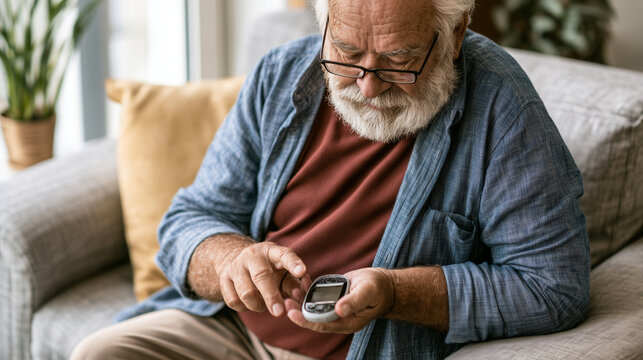 Elderly Man with Diabetes Testing Blood Sugar &ndash; Home Health Monitoring