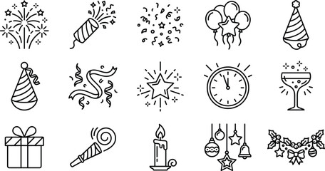 Obraz premium New Year and Party Celebration Line Icon Collection with Fireworks, Confetti, Balloons, Party Hats, Gifts, Candles, Clocks, and Decorations