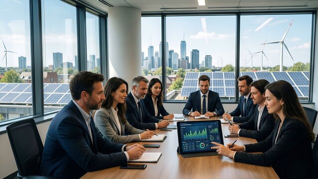 Diverse Corporate Team Reviewing Renewable Energy Plans with Solar City Background