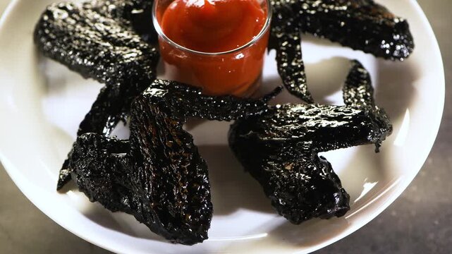 Baked chicken wings in cuttlefish ink sauce for Halloween. The glazed wings are served on a white plate with ketchup and slowly rotated to showcase the dish from different angles. A spooky Halloween f