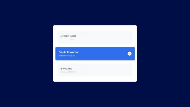 Animated user interface showing bank transfer selection process
