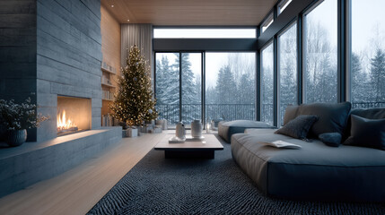 Fototapeta premium Cozy winter living room with modern fireplace, large windows, Christmas tree, soft sofa, and snowy forest view