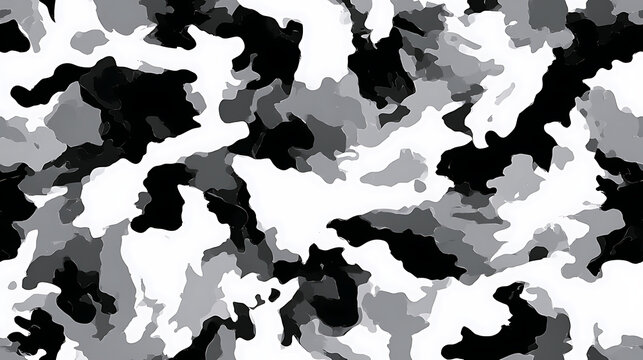 Gray scale camouflage pattern features irregular shapes and blotches against a white background