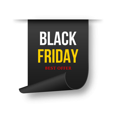 Black Friday sale tag with best offer and curled paper design.