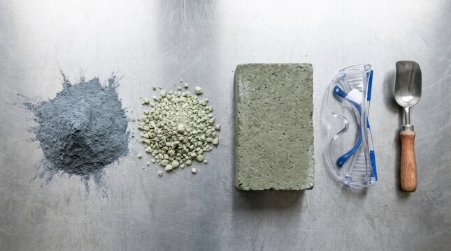 Sustainable construction material samples including fly ash powder slag granules and geopolymer concrete block on a laboratory bench