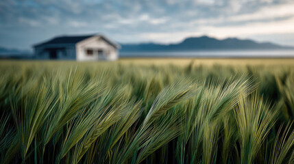 Obraz premium Golden hour open field with green barley, rustic house, mountain background, peaceful rural landscape
