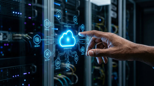 Finger touching glowing cloud computing icon in server room