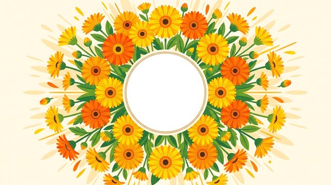 Vibrant floral wreath featuring orange and yellow calendula flowers perfect for spring and summer invitations greeting cards or natural product packaging with copy space