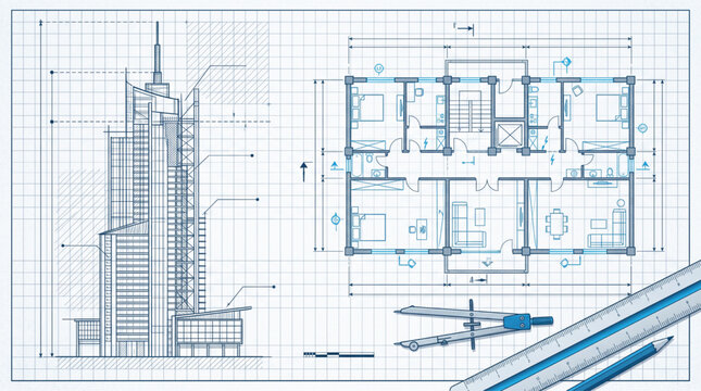 Technical Blueprints of a Modern Skyscraper and Residential Floor Plan for Civil Engineering and Architecture Design
