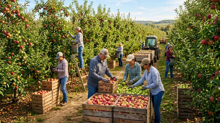 Obraz premium Apple Orchard Harvest: Diverse workers pick ripe fruit into crates on a sunny day.