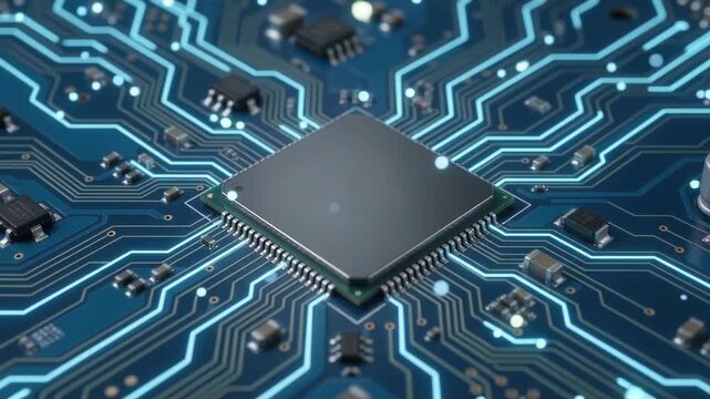 Silicon microchip processor sits on a blue circuit board, glowing data traces and bokeh particles in a cybernetic macro tech shot