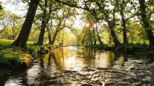 Sunlit woodland stream flowing between mature trees and green riverbanks with golden reflections, rippling water, and tranquil natural scenery in an outdoor park setting