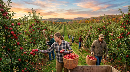 Fototapeta premium Apple Harvest at Sunset: Workers Picking Fresh Red Fruit in Orchard Rows