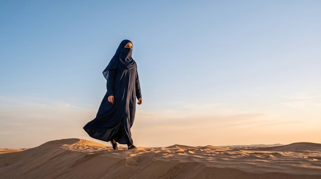 A graceful woman wearing a traditional abaya and niqab walking on sand dunes in the desert at sunset.