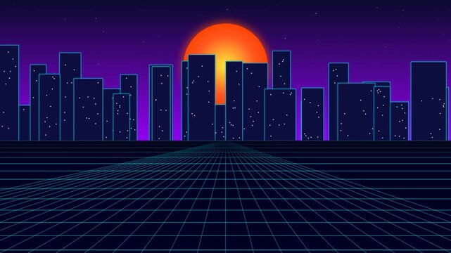 Animated Retro Synthwave Neon City Sunset Futuristic Skyline Loop Motion Graphic Loop Featuring Modern Design Elements for Digital Media and Corporate Presentations