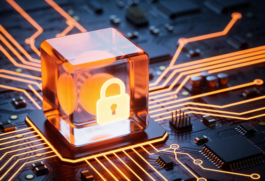 Cyber Security Padlock Glowing in Glass Cube on Circuit Board Motherboard Data Protection Encryption 3D Render