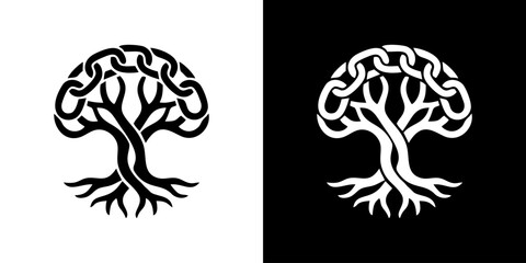 Fototapeta premium Intricate symbolic tree design with interwoven branches and roots, embodying strength, unity, and continuous growth. Versatile monochrome logo perfect for conceptual branding