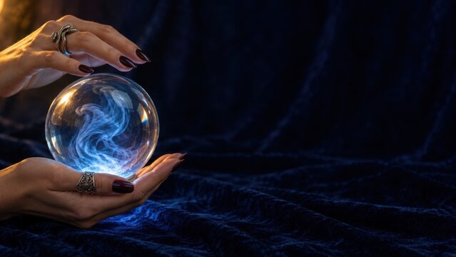 Female hands with dark nail polish holding glowing mystical crystal ball with swirling smoke inside on dark velvet