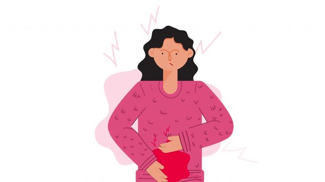 Animated a woman holding a sick stomach. 